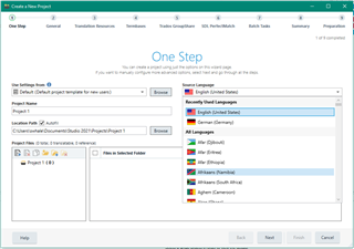 Trados Studio Project Wizard showing a list of recently used languages with English selected as the source language and German selected as the target language.