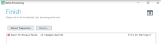 Trados Studio Batch Processing window with an error message 'Export for Bilingual Review - 35 message(s) reported' and an Error 1316 warning icon.