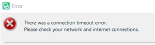 Trados Studio error dialog box displaying 'There was a connection timeout error. Please check your network and internet connections.' with a red cross icon.