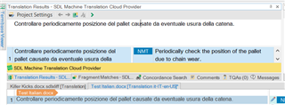 Screenshot of Trados Studio's Translation Results window showing SDL Machine Translation Cloud Provider with a translated segment from Italian to English.