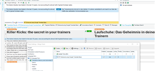 Screenshot of Trados Studio interface showing a translation project with the source text 'Killer Kicks: the secret in your trainers' and the target text 'Laufschuhe: Das Geheimnis in deinen Trainern'. No visible errors or warnings.