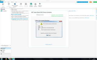 Trados Studio error message window on top of the program interface, displaying 'An error has occurred in the script on this page.' with options to continue running scripts or not.