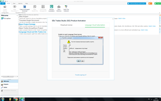 Trados Studio script error dialog box showing detailed error information, including 'Error: The value of the property 'get_CurrentView' is null or undefined, not a Function object.'