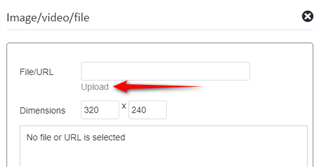 Screenshot of an image upload dialog box with an empty FileURL field and an Upload button indicated by a red arrow, dimensions specified as 320 by 240, and a note stating 'No file or URL is selected.'