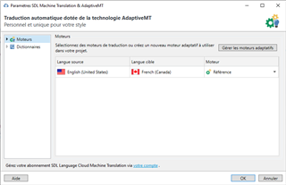 Trados Studio settings window showing Machine Translation & AdaptiveMT tab with a message about SDL Language Cloud Machine Translation subscription.