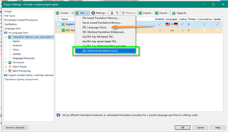 Trados Studio project settings window showing Language Pairs and Translation Memory and Automated Translation settings. SDL Machine Translation Cloud is highlighted indicating selection.