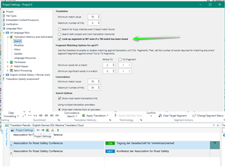 Screenshot of Trados Studio Project Settings window with Translation Memory and Automated Translation tab open, showing various settings options and a green arrow pointing to Minimum match value field.