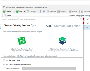 Trados Studio screenshot showing the 'Add Connection to SDL Machine Translation' window with options to choose existing account type for SDL Machine Translation Cloud or SDL BeGlobal Online.