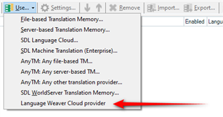 Trados Studio settings window showing a list of Machine Translation options with 'Language Weaver Cloud provider' highlighted by a red arrow.