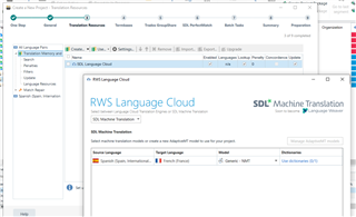 Screenshot of Trados Studio project settings showing RWS Language Cloud and SDL Machine Translation options with a warning message about missing machine translation credentials.