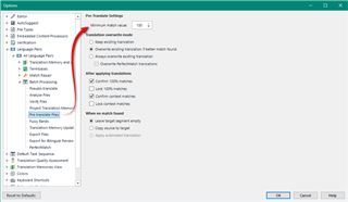 Trados Studio screenshot showing the Options menu with Pre-translate Settings. A red error icon next to 'Minimum match value' field indicating an issue.