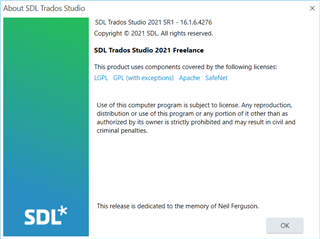 About SDL Trados Studio dialog box showing version SDL Trados Studio 2021 SR1 - 16.1.6.4276 with copyright and license information.