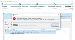 Trados Studio error message window stating 'Impossible de trouver une partie du chemin d'acces' with a file path, indicating a missing file or directory.