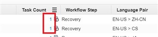 Screenshot showing two tasks in Recovery stage with language pairs EN-US to ZH-CN and EN-US to CS highlighted in red.