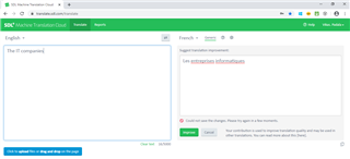 Screenshot of SDL Machine Translation Cloud interface with an error message 'Could not save the changes. Please try again in a few moments.' displayed after clicking 'Improve' button.