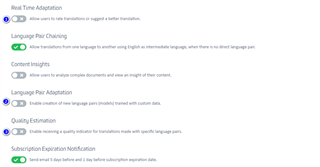 Trados Studio settings showing options for Real Time Adaptation, Language Pair Chaining, Context Insights, Language Pair Adaptation, Quality Estimation, and Subscription Expiration Notification with checkboxes.