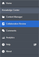 Trados Studio navigation menu with Collaborative Review tab highlighted and other tabs like Content Manager, Comments, Analytics, Help, and About visible.