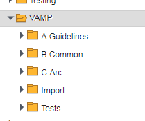 Screenshot of Trados Studio showing the VAMP folder expanded with subfolders: A Guidelines, B Common, C Arc, Import, and Tests.