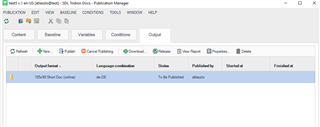 Trados Studio Publication Manager showing an output format list with a single entry set to de-DE language and 'To be Published' status.