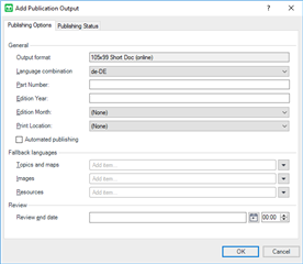 Add Publication Output dialog in Trados Studio with output format '125% Short Doc (online)' pre-selected and language combination set to de-DE.