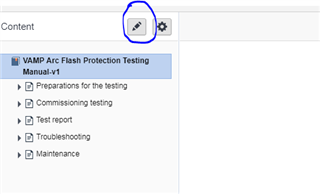 Trados Studio interface showing a 'Content' panel with a pencil icon indicating the edit option, which is currently enabled for the 'VAMP Arc Flash Protection Testing Manual-v1'.