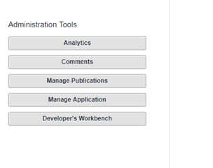 Screenshot of Trados Studio showing Administration Tools with options: Analytics, Comments, Manage Publications, Manage Application, Developer's Workbench.