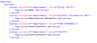 Screenshot of Trados Studio XML configuration showing group mappings with department values and SDL group names.