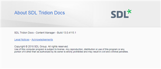 Screenshot of the 'About SDL Tridion Docs' window showing the version as 'Content Manager - Build 14.0.4115.1' with SDL logo at the top.