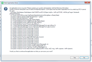 Fatal Application Error dialog box from Trados Studio showing a crash report with references to Gecko.ns codebase and a prompt asking if the user wants to continue the application or not.