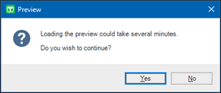 Trados Studio confirmation dialog box with a message 'Loading the preview could take several minutes. Do you wish to continue?' with options 'Yes' and 'No'.