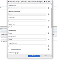 Screenshot of Trados Studio's Publication Output Properties dialog showing fields for Output Format, Language combination, Part number, Edition Year, Edition Month, Output Name, and Print Location.