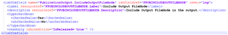 XML code snippet showing the setup of a custom field 'Include Publication Output File Mode' with a boolean type and default value set to 'FALSE'.