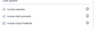 Trados Studio screenshot showing Draft options with 'Include metadata', 'Include draft-comments', and 'Include Output FileMode' checked.