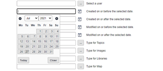 Trados Studio date picker dialog box with 'Today' button visible at the bottom. Calendar showing July 2021 with no dates selected. Options to filter by user, date created, and modified date on the right side.