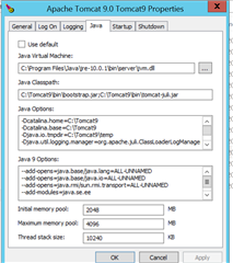 Screenshot of Apache Tomcat 9.0 Tomcat9 Properties window with tabs for General, Log On, Logging, Java, Startup, and Shutdown. Java tab is open showing Java Virtual Machine path and Java Options for Trados Studio settings.