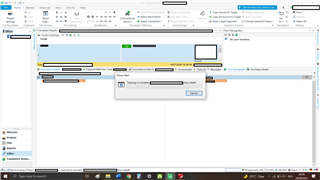 Screenshot of Trados Studio with an 'Opening a document...' progress bar stuck at 0% and a 'Server Busy' error message in the background.