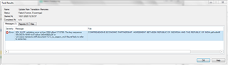 Trados Studio error message dialog box showing 'Error: An error occurred whilst finalizing the project. Exception: COMException: Exception from HRESULT: 0x80041FE2' with an 'OK' button.