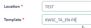 Trados Studio project creation screen showing 'Location' as TEST and 'Template' selected as KWSC_TA_EN-FR.