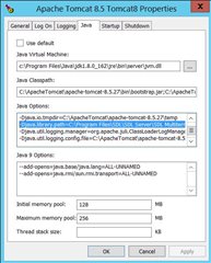 Apache Tomcat 8.5 Tomcat8 Properties dialog box with Java Options field highlighted showing the addition of -Djava.library.path for SDL MultiTerm.