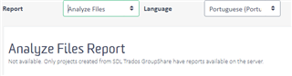 Trados Studio screenshot showing the 'Analyze Files Report' tab with a message stating 'Not available. Only projects created from SDL Trados Groupshare have reports available on the server'. Language set to Portuguese.