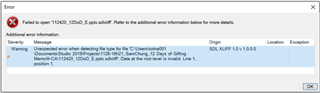 Error dialog box in Trados Studio showing a warning message: 'Unexpected error when deleting log file for file C: Users Admin01 Documents Studio 2019 Projects 12345_EN-US_IT-IT.sdlproj. Data at the root level is invalid. Line 1, position 1.'