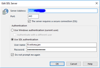Trados Studio Edit SDL Server dialog box with server address blurred, port 443, SSL checked, and username 'fluetitsma.jan' in lowercase.