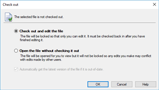 Trados Studio checkout dialog box with options to check out and edit the file or open the file without checking it out.