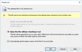 Trados Studio checkout error message stating the file cannot be checked out because it has already been checked out by another user.