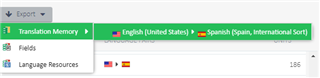 Screenshot showing a translation memory export process with English (United States) to Spanish (Spain, International Sort) selected.