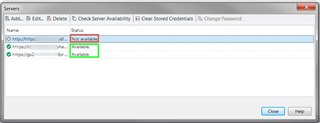 Screenshot of Trados Studio's Servers window showing three server addresses with their status, two are marked as 'Not available' and one as 'Expired'.