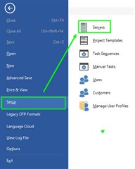 Trados Studio screenshot showing the File menu expanded with Setup option highlighted and Servers option indicated by a green arrow.