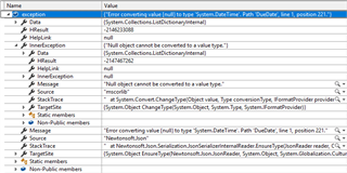 Screenshot of Trados Studio exception details showing a JsonSerializationException with message 'Error converting value null to type 'System.DateTime' at path 'DueDate'.