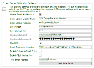 Trados Studio Project Server Notification Settings window with fields for Email Notification Name, Email Sender Address, SMTP Host, Port, Credentials, and checkboxes for Use SSL, Include 'Open in Studio' link, and Include 'Edit Online' link. A warning message states that if the SMTP settings are not configured, no emails will be sent.