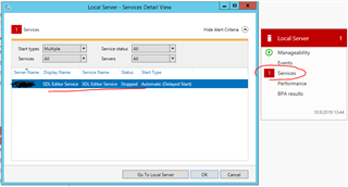 Screenshot of Trados Studio Local Server Services Detail View showing SDL Editor Service and SDL File Processing Service with status 'Stopped'.